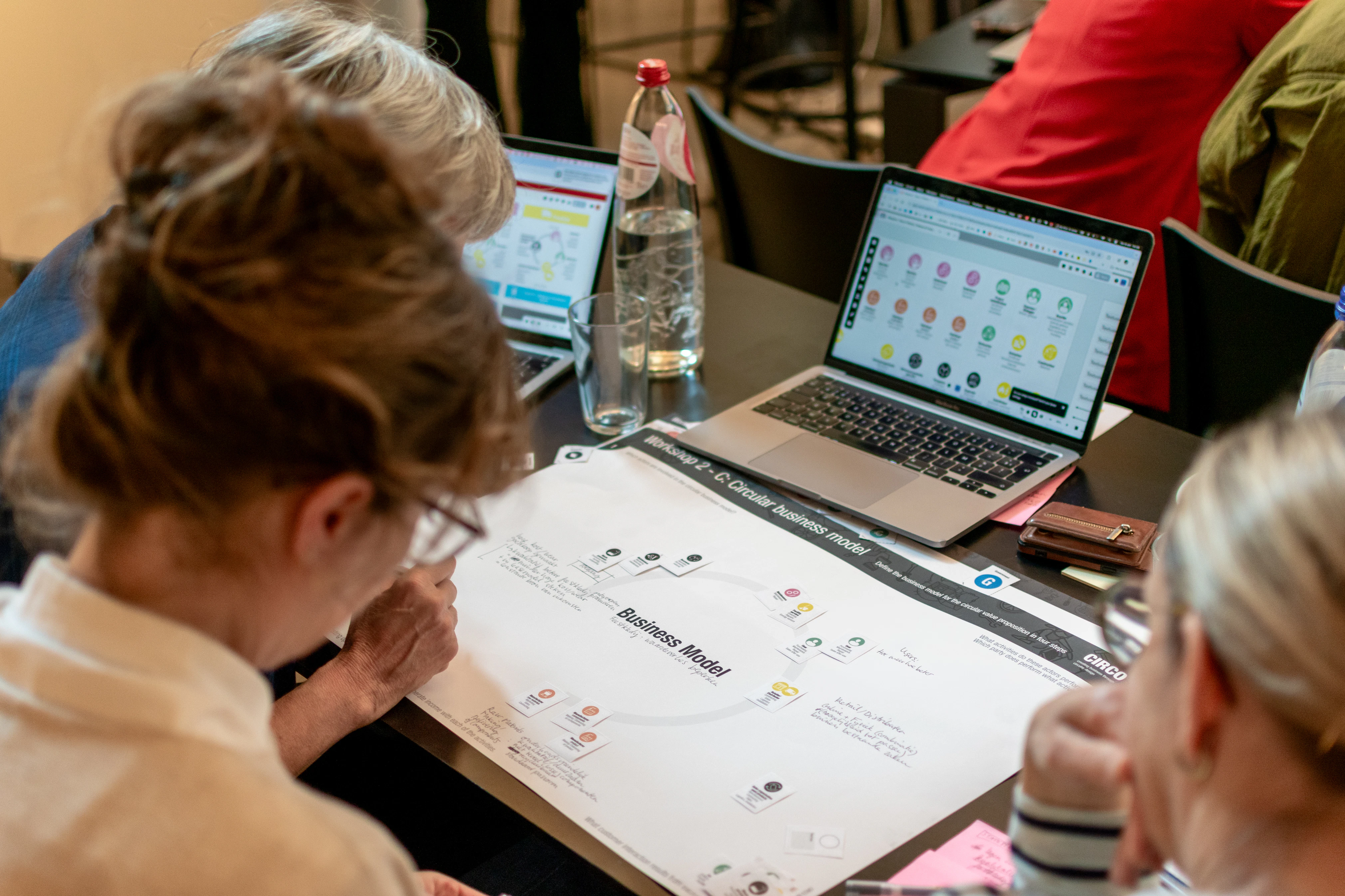 3 vrouwen van hetzelfde bedrijven die de opdracht van CIRCO uitwerken met inhoud op hun laptop en een papieren roadmap.