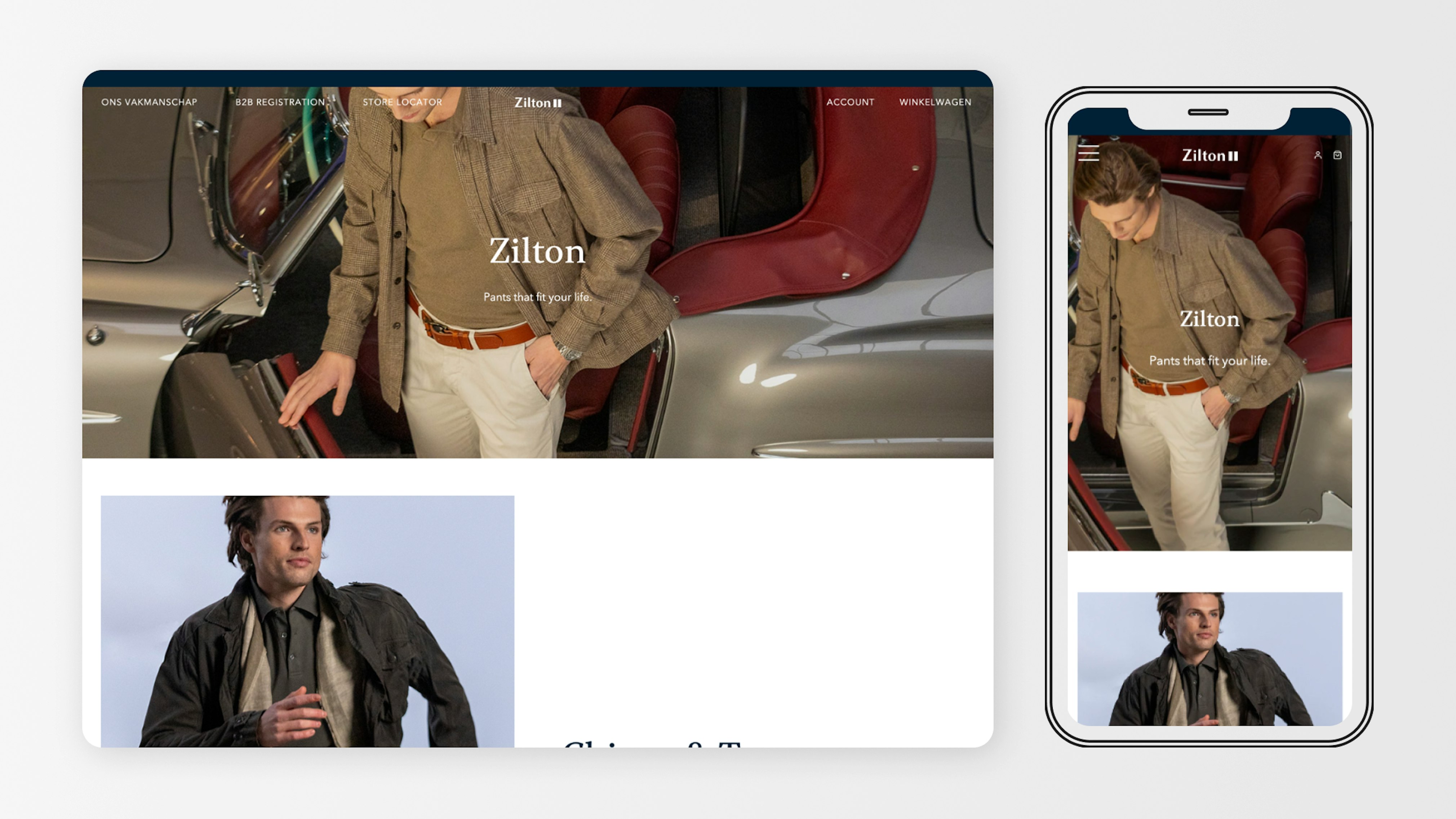 Zilton website opmaak De website van het merk Zilton, op computerscherm en smartphone te zien.